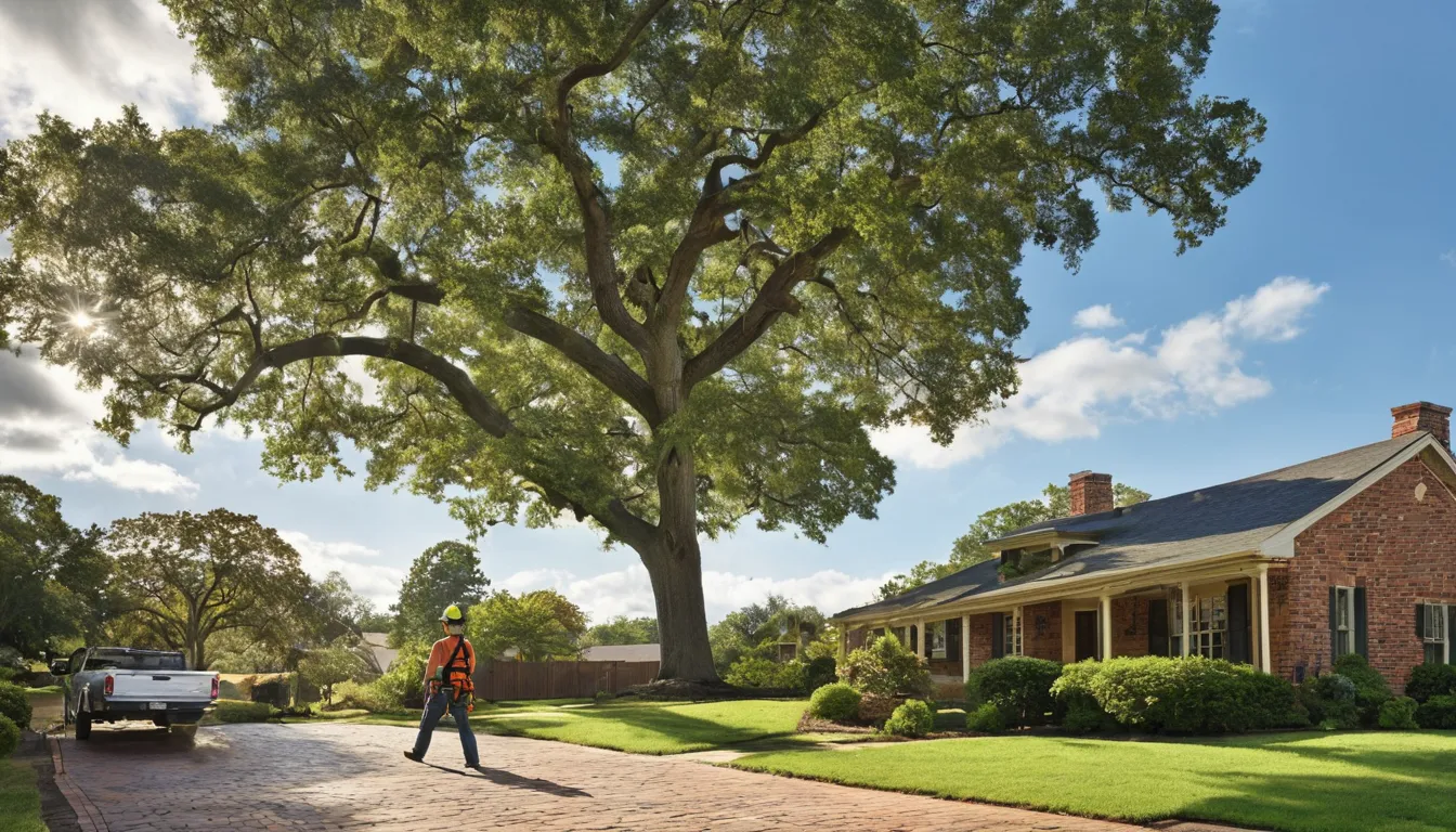 Local tree removal provider safely lowering a large tree section beside a brick home in Oak Point